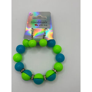 Beaded Green Blue Bracelet Set with matching earrings.